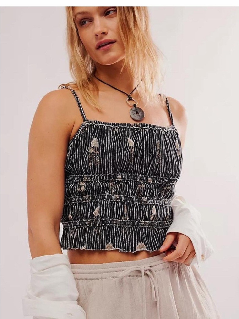 We The Free Black & White Smocked Floral Stripe Cami Top